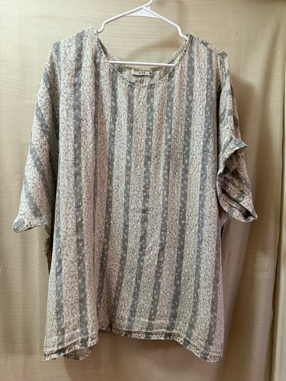 Terzo Millennio Italy Linen 2X Oversized Boho Stripe Lagenlook Top Leopard Print